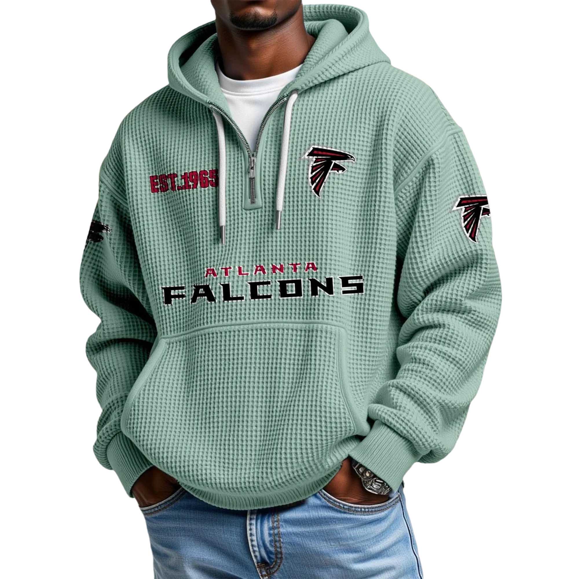 Atlanta Falcons EST 1965 Printed Quarter Zip Waffle Football Fan Hoodie