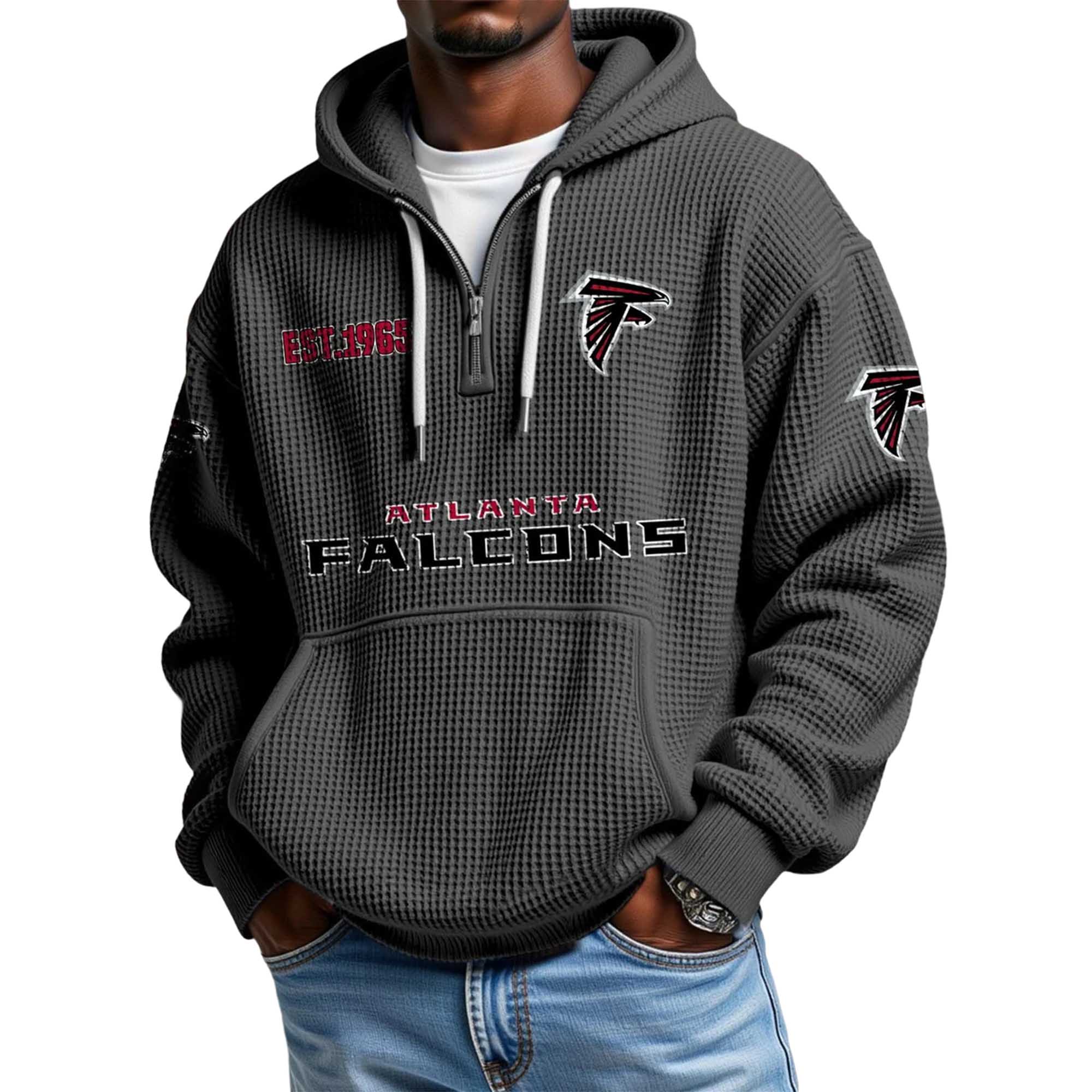Atlanta Falcons EST 1965 Printed Quarter Zip Waffle Football Fan Hoodie