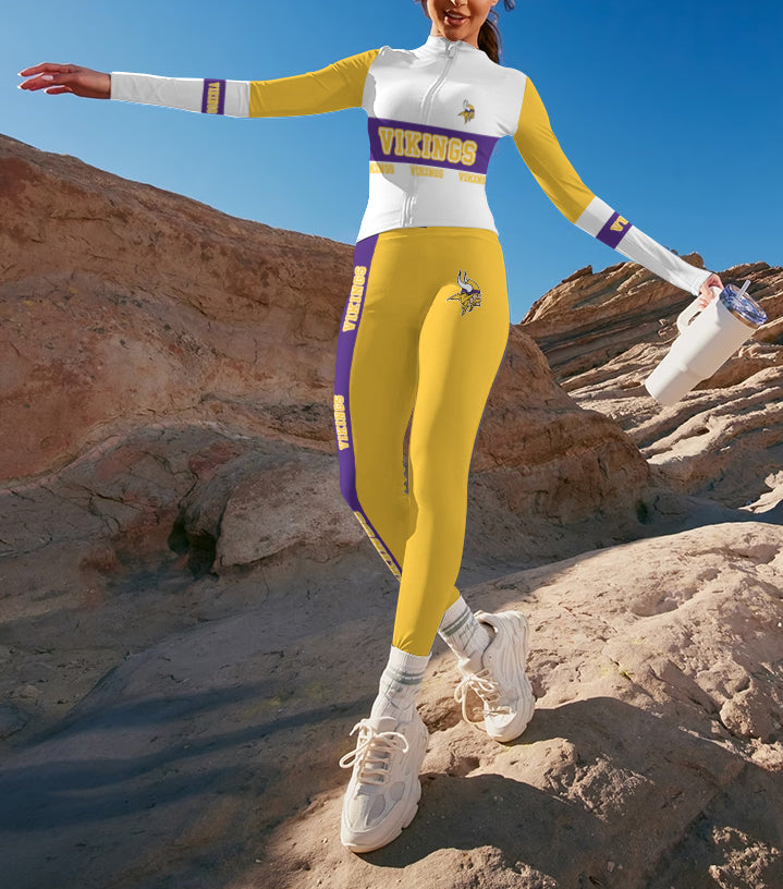 Minnesota Vikings 2 Piece Workout  Sets :Sculpt High Waist Gym Leggings & long Sleeve Sports Top