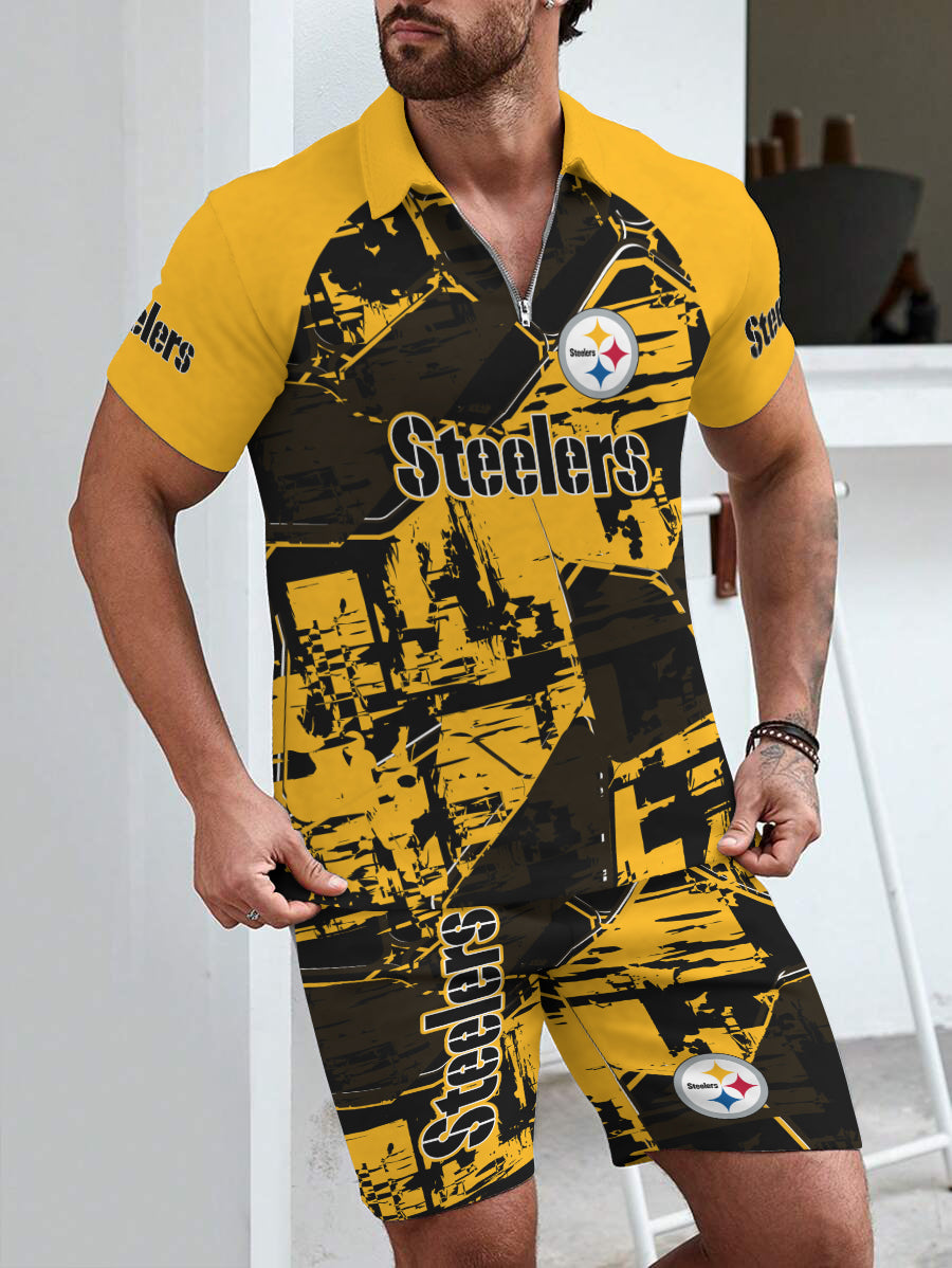 Pittsburgh Steelers Limited Edition ZIP Polo Shirt And Shorts Two-Piece Suits