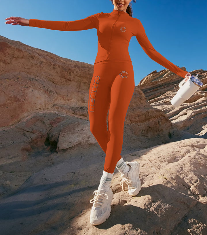 Chicago Bears 2 Piece Workout  Sets :Sculpt High Waist Gym Leggings & long Sleeve Sports Top