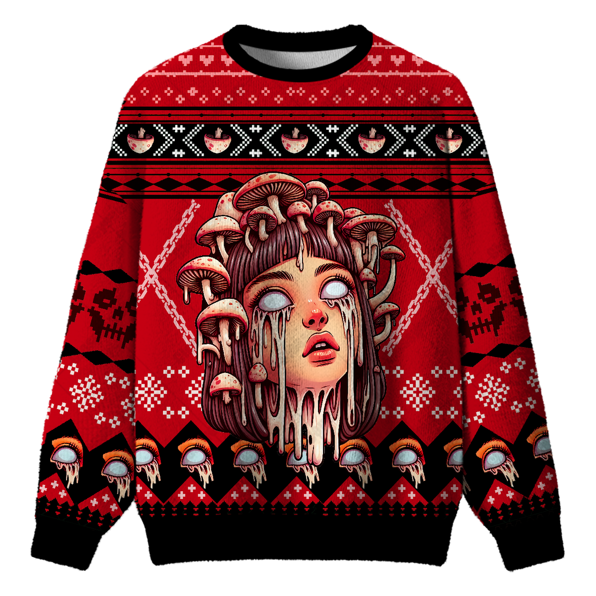 WHITE-EYED MUSHROOM GIRL UGLY CHRISTMAS SWEATSHIRT — image 1