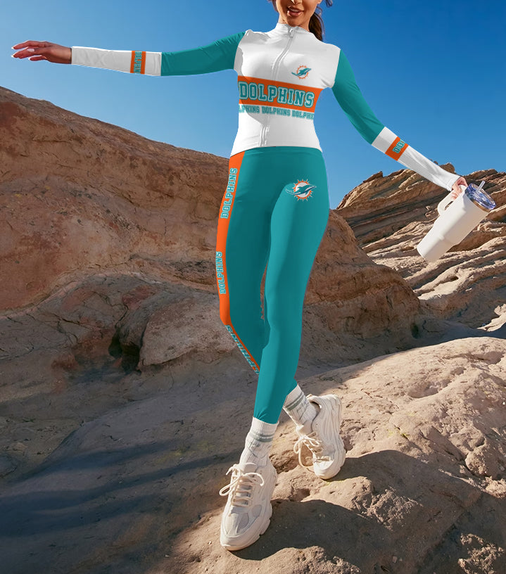 Miami Dolphins 2 Piece Workout  Sets :Sculpt High Waist Gym Leggings & long Sleeve Sports Top