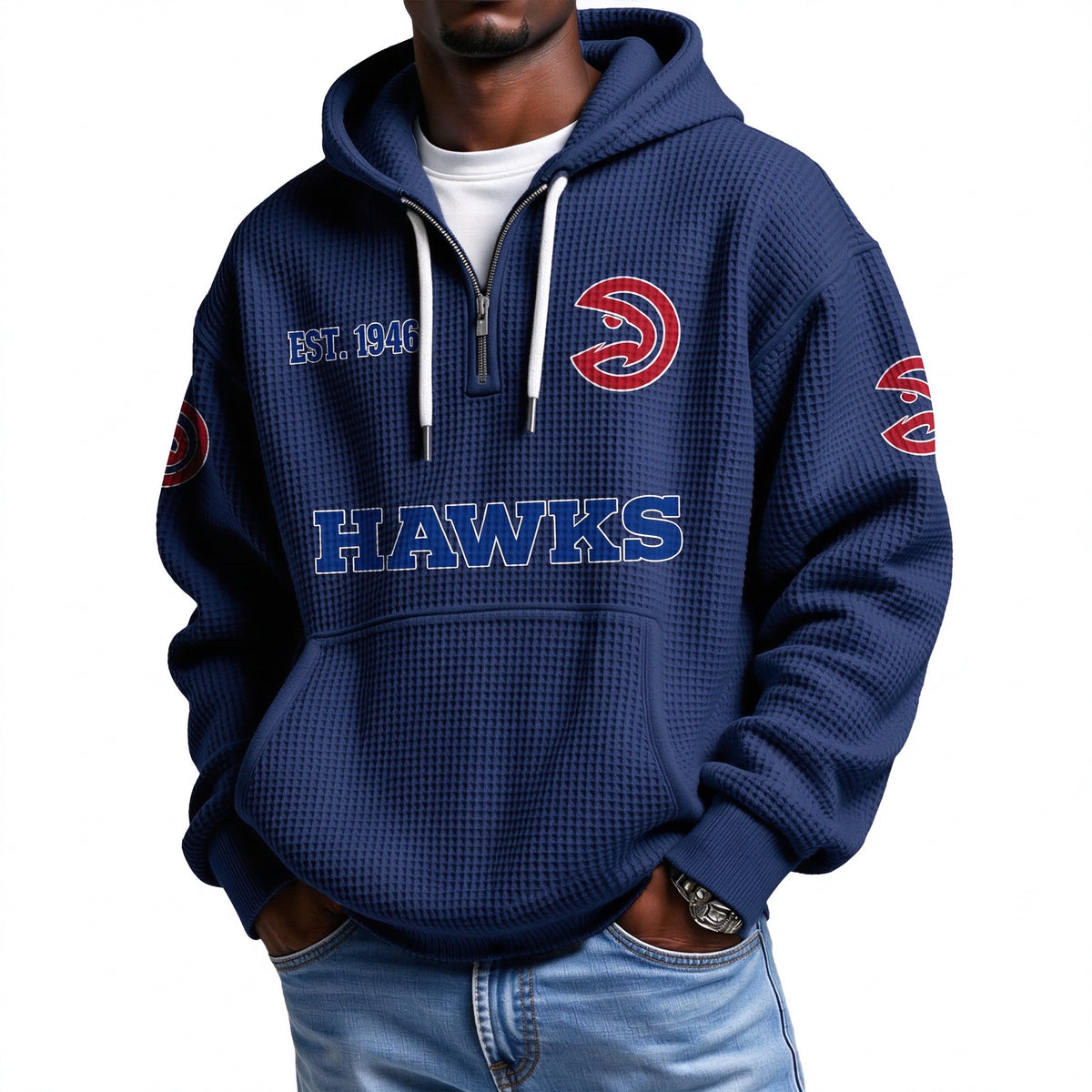 Atlanta Hawks EST 1946 Printed Waffle Quarter Zip Basketball Fan Hoodie