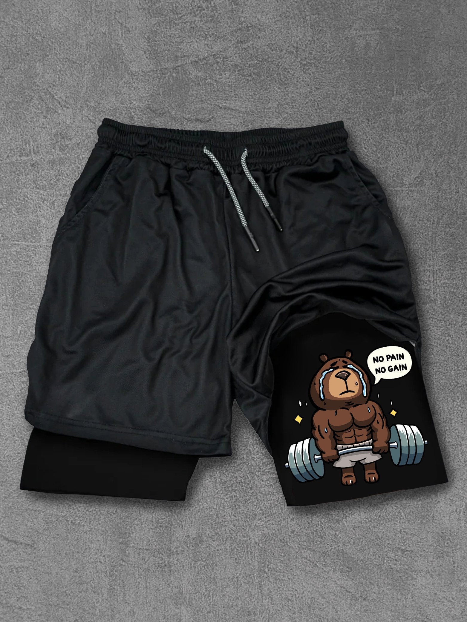 NO PAIN NO GAIN WEIGHTLIFTING BEAR Performance Training Shorts