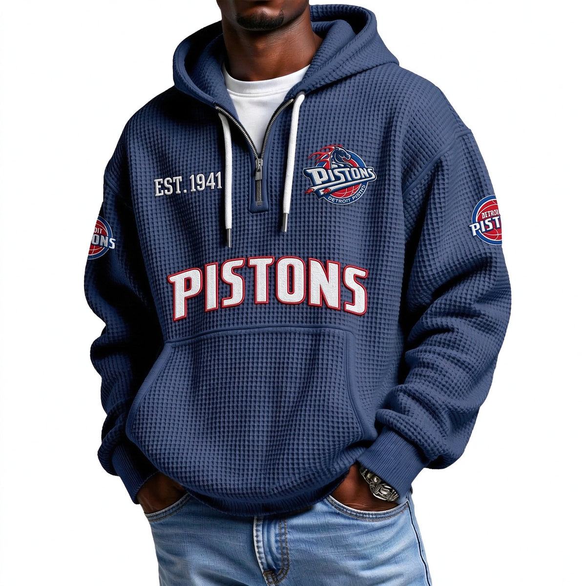 Detroit Pistons EST 1941 Printed Waffle Quarter Zip Basketball Fan Hoodie