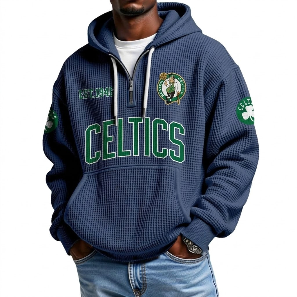 Boston Celtics EST 1946 Printed Waffle Quarter Zip Basketball Fan Hoodie
