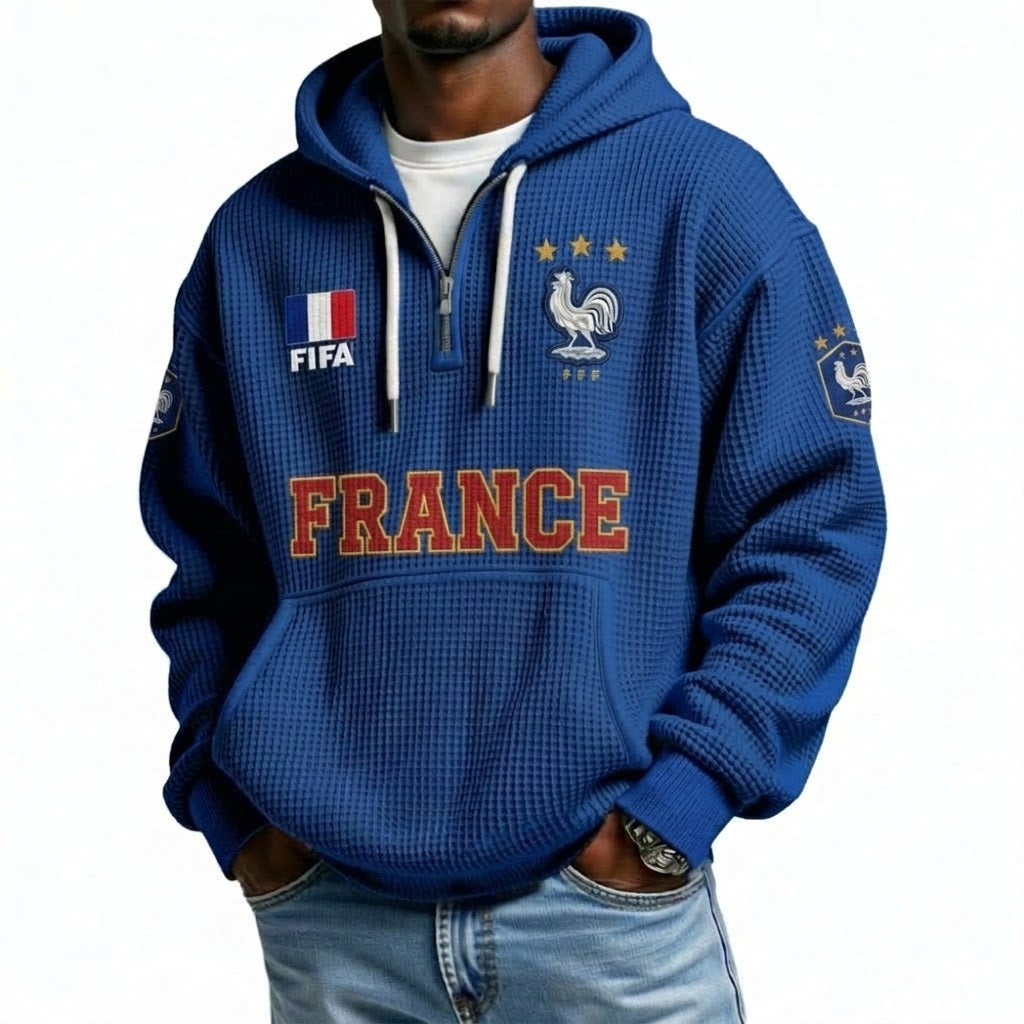 FIFA 2026 France Printed Waffle Quarter Zip Football Fan Hoodie
